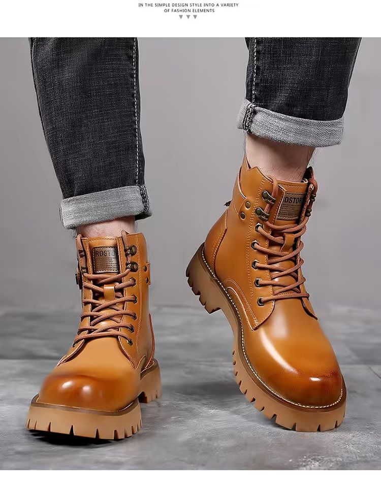 Large-size men's shoes, men's thick-soled Martin boots, high-top trendy work shoes, wear-resistant anti-slip leather shoes, yellow Martin boots.