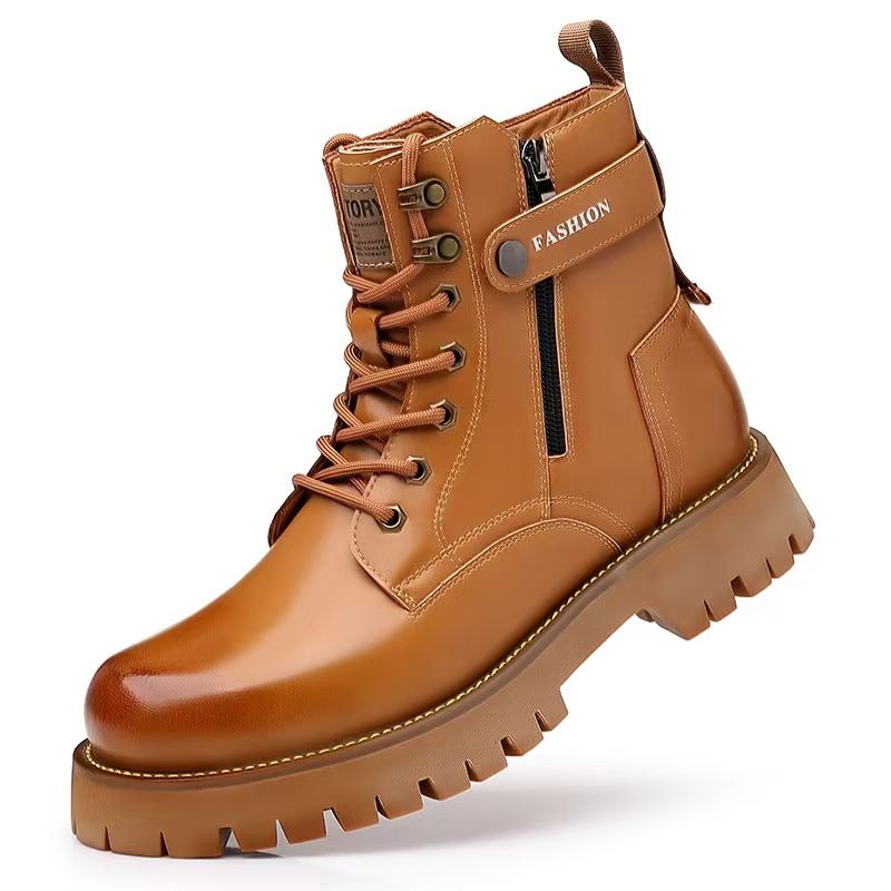 Large-size men's shoes, men's thick-soled Martin boots, high-top trendy work shoes, wear-resistant anti-slip leather shoes, yellow Martin boots.