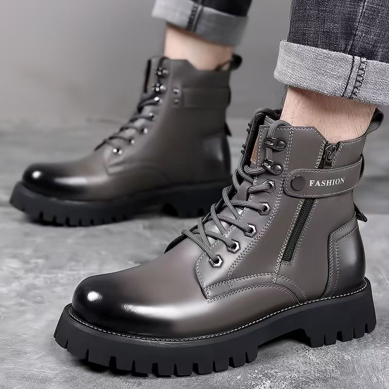 Large-size men's shoes, men's thick-soled Martin boots, high-top trendy work shoes, wear-resistant anti-slip leather shoes, yellow Martin boots.
