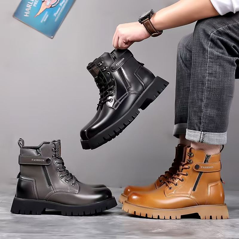 Large-size men's shoes, men's thick-soled Martin boots, high-top trendy work shoes, wear-resistant anti-slip leather shoes, yellow Martin boots.