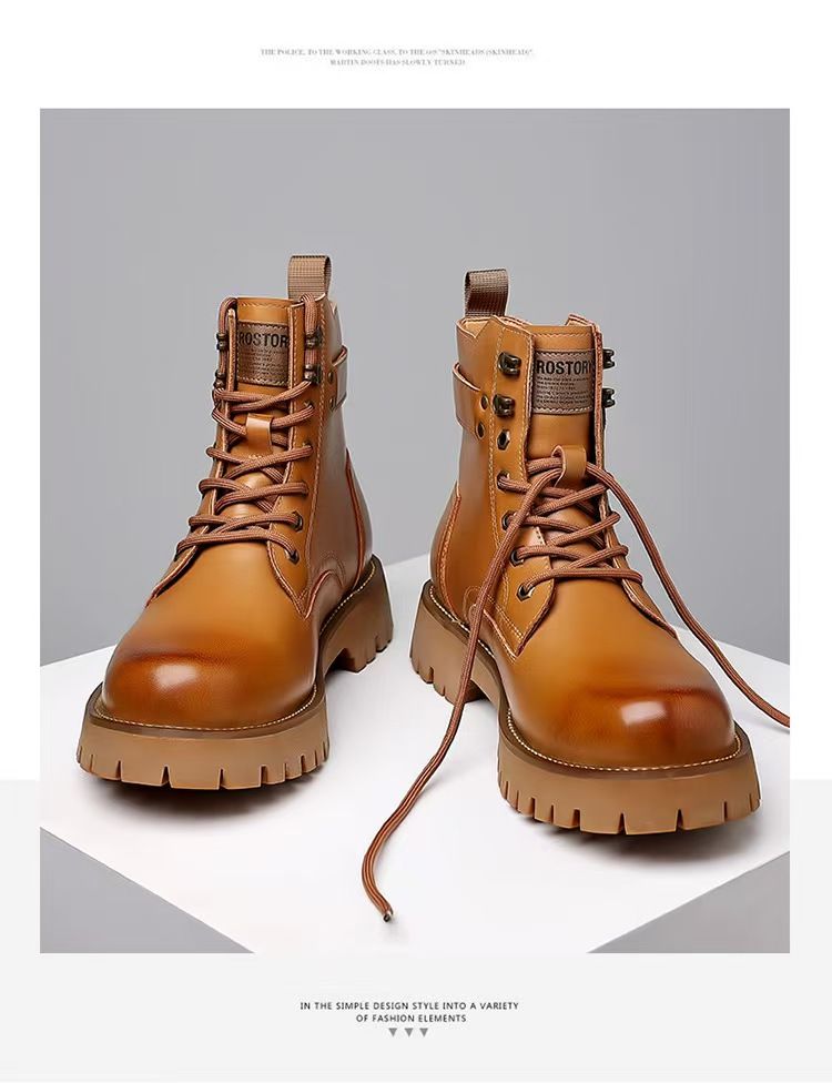 Large-size men's shoes, men's thick-soled Martin boots, high-top trendy work shoes, wear-resistant anti-slip leather shoes, yellow Martin boots.