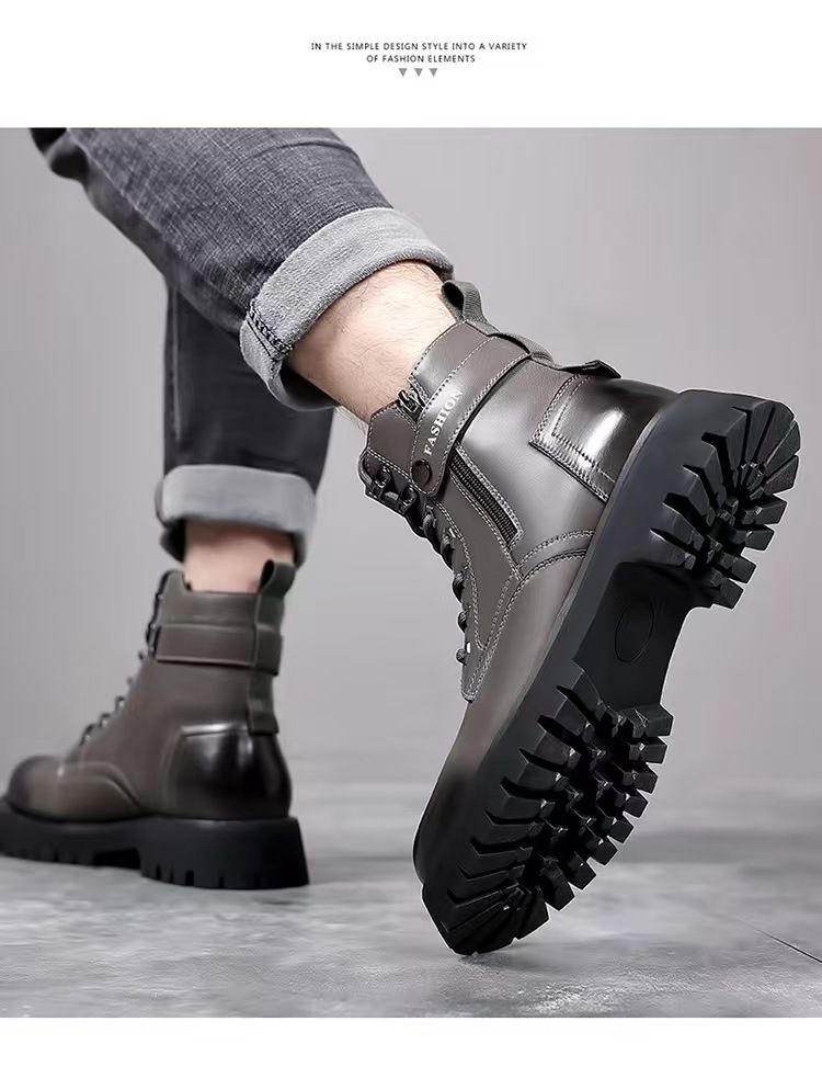 Large-size men's shoes, men's thick-soled Martin boots, high-top trendy work shoes, wear-resistant anti-slip leather shoes, yellow Martin boots.