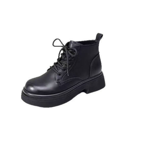 Ladies' Martin boots, round-toe lace-up Martin boots, large size genuine leather thick-soled versatile leather shoes, fashionable anti-slip wear-resistant black Martin boots.