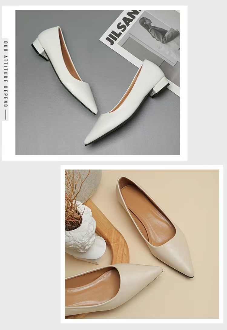 Women's pointed-toe, shallow-mouth, square-heeled leather shoes, business formal leather shoes, casual commuter single shoes, fashionable high-heeled women's shoes, black low-heeled leather shoes.