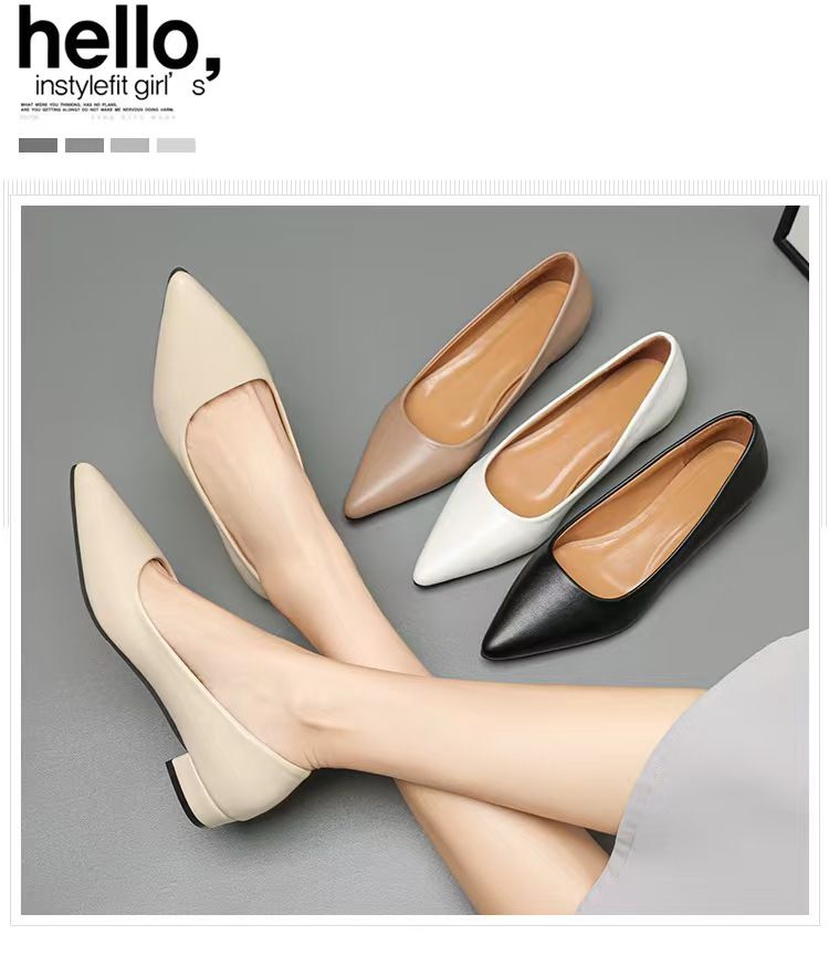 Women's pointed-toe, shallow-mouth, square-heeled leather shoes, business formal leather shoes, casual commuter single shoes, fashionable high-heeled women's shoes, black low-heeled leather shoes.