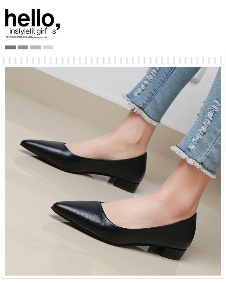 Women's pointed-toe, shallow-mouth, square-heeled leather shoes, business formal leather shoes, casual commuter single shoes, fashionable high-heeled women's shoes, black low-heeled leather shoes.