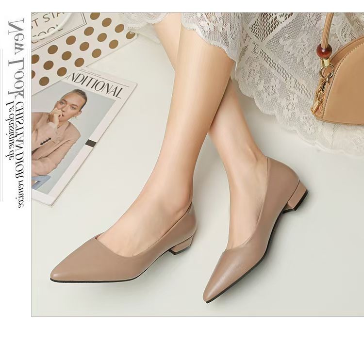 Women's pointed-toe, shallow-mouth, square-heeled leather shoes, business formal leather shoes, casual commuter single shoes, fashionable high-heeled women's shoes, black low-heeled leather shoes.