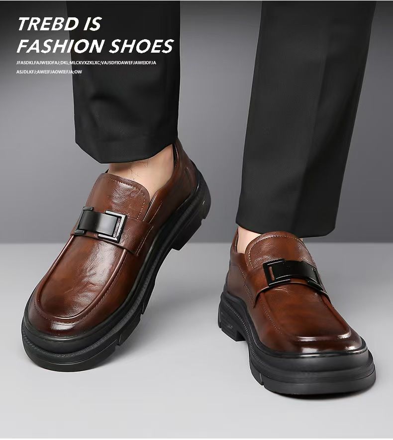 Thick-soled leather shoes, men's fashionable casual leather shoes with hand-grasped pattern, business formal leather shoes, wedding shoes.