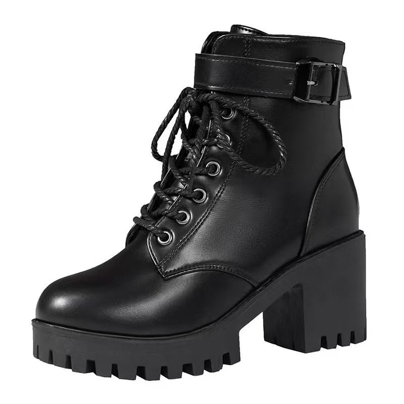 Large-size women's boots, lace-up round-toe buckle-strap thick-soled short-calf women's boots, fashionable black Martin boots, high heels.