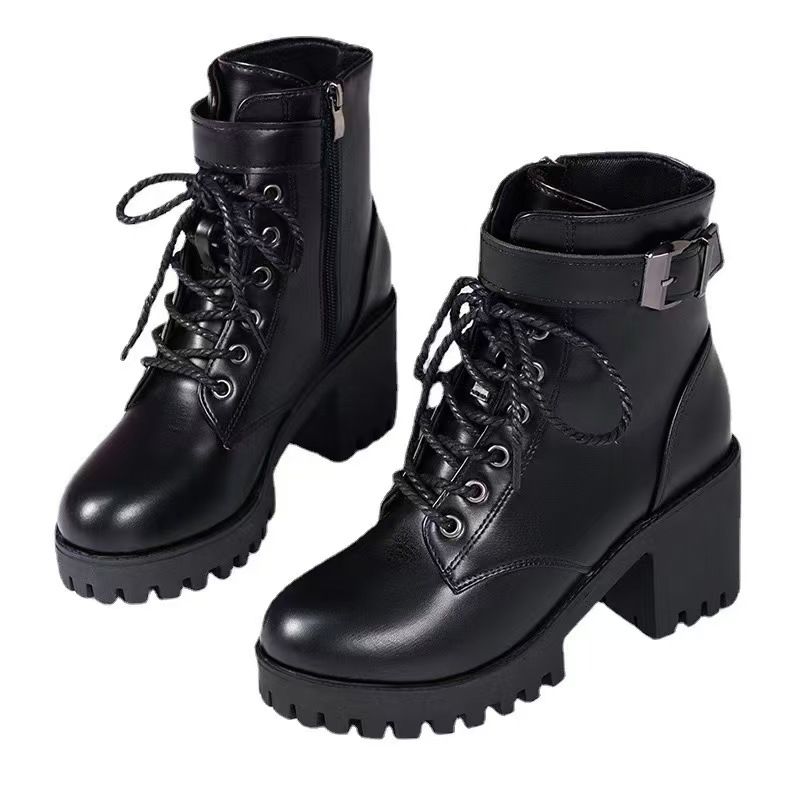 Large-size women's boots, lace-up round-toe buckle-strap thick-soled short-calf women's boots, fashionable black Martin boots, high heels.