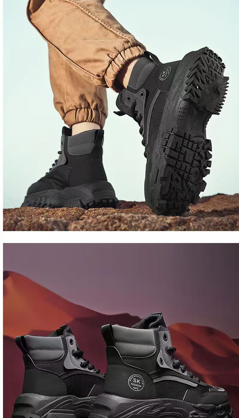 Men's labor protection shoes, outdoor hiking anti-slip wear-resistant sneakers, work sneakers, thick-soled height-increasing black Martin boots.