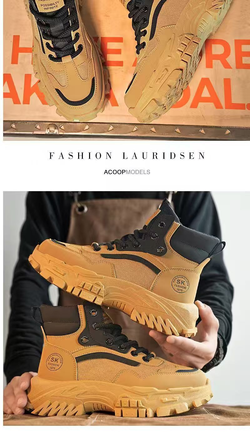 Men's labor protection shoes, outdoor hiking anti-slip wear-resistant sneakers, work sneakers, thick-soled height-increasing black Martin boots.