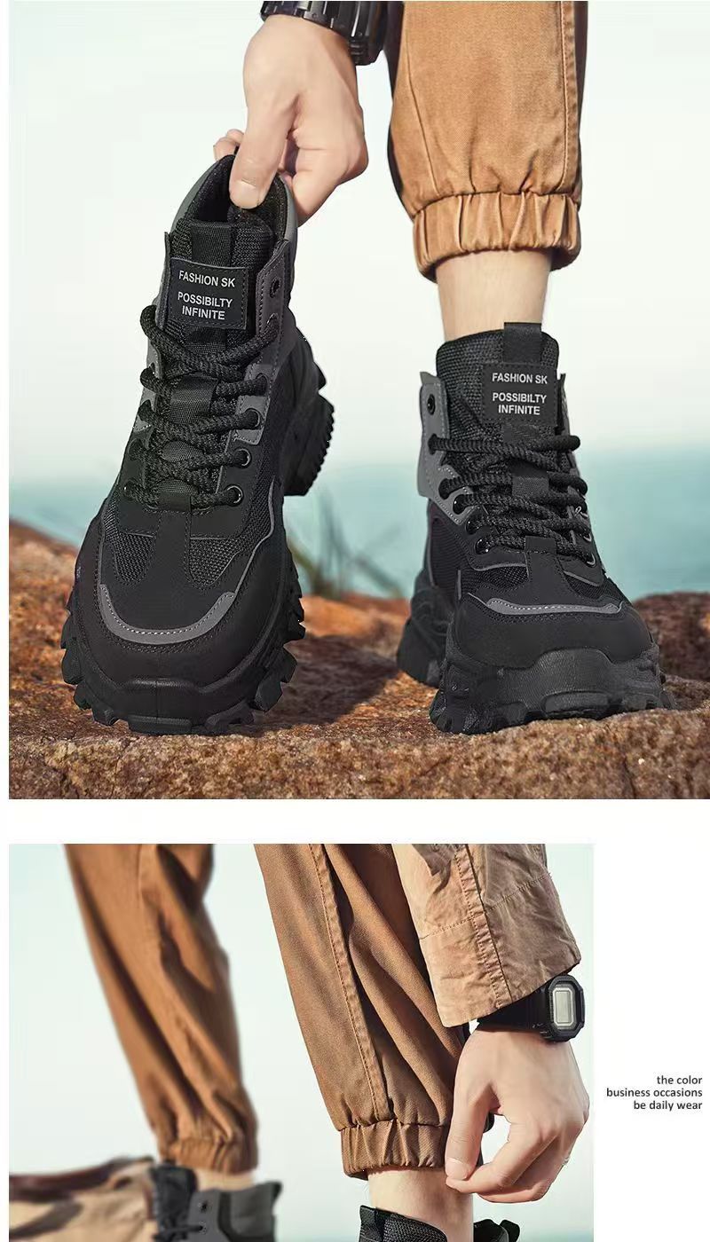 Men's labor protection shoes, outdoor hiking anti-slip wear-resistant sneakers, work sneakers, thick-soled height-increasing black Martin boots.