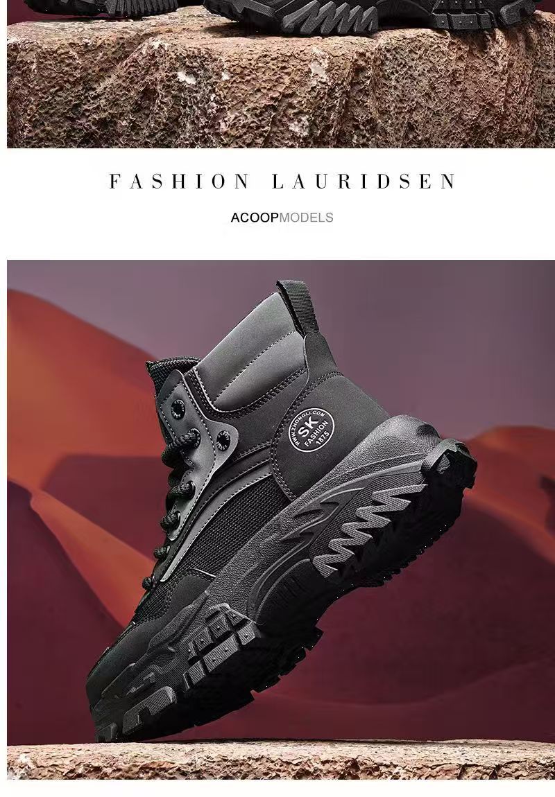 Men's labor protection shoes, outdoor hiking anti-slip wear-resistant sneakers, work sneakers, thick-soled height-increasing black Martin boots.