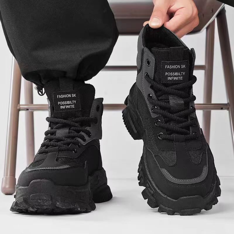 Men's labor protection shoes, outdoor hiking anti-slip wear-resistant sneakers, work sneakers, thick-soled height-increasing black Martin boots.