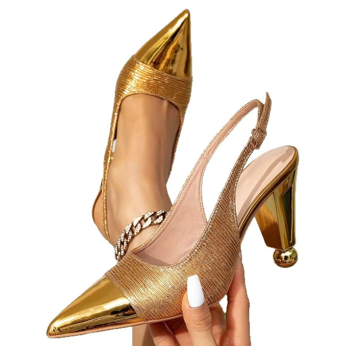 Ladies' golden high-heeled sandals, fashionable party evening shoes with special-shaped heels, pointed-toe high-heeled sandals with thin buckles, open shoes, women's shoes.