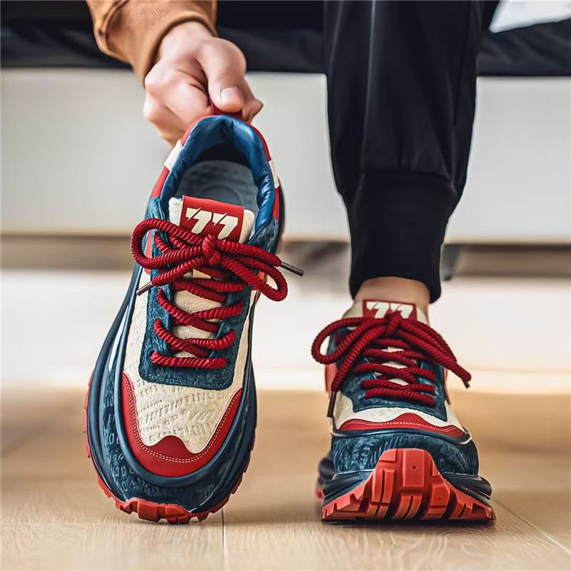 Men's shoes, trendy and versatile casual sneakers, youth leather surface waterproof anti-slip running shoes, height-increasing dad shoes.