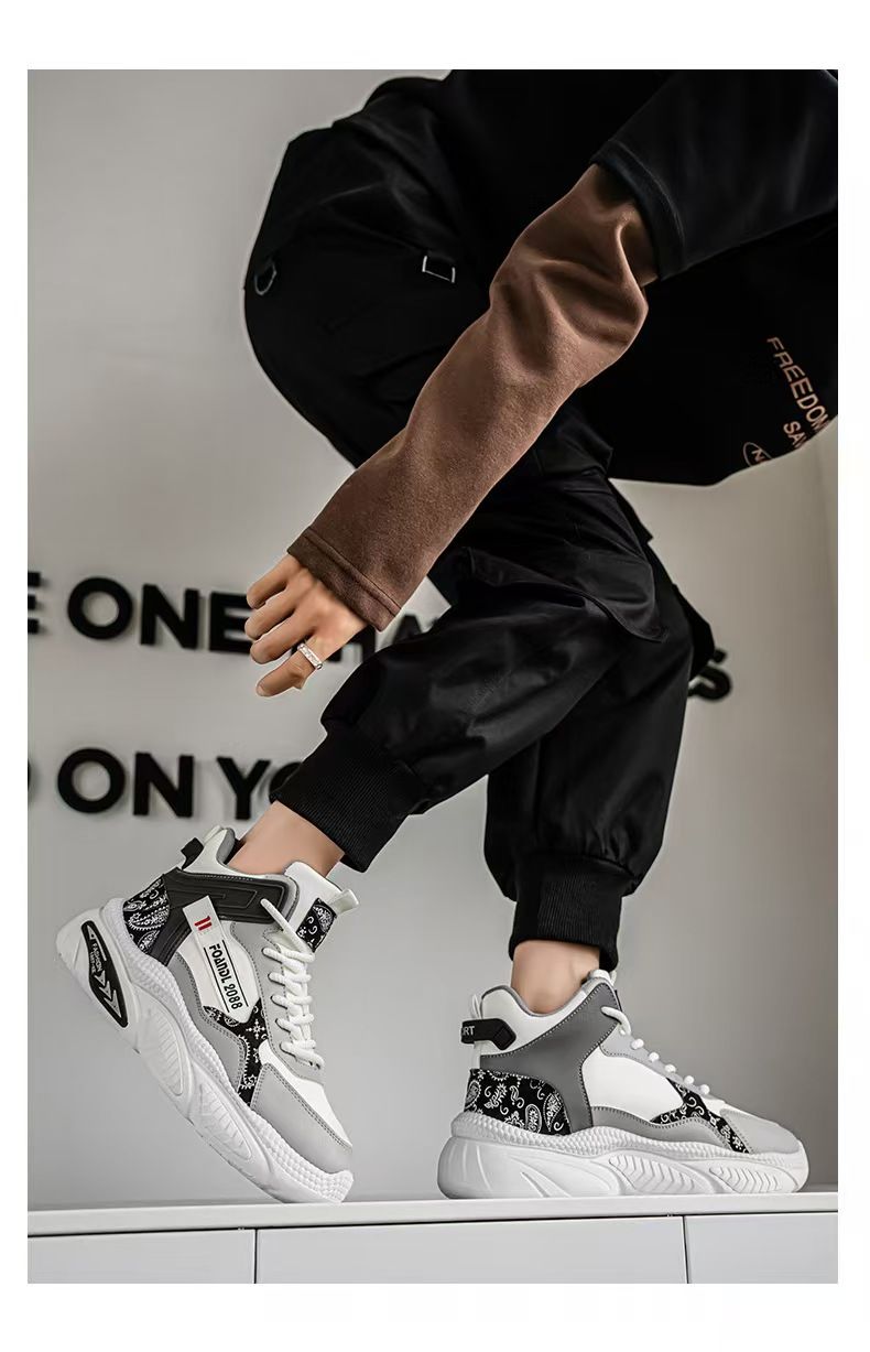 High-top men's shoes, versatile and casual basketball sneakers for practical use, running shoes with height increase, trendy shoes for beginners and old-fashioned sneakers.