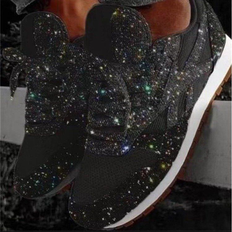 Large women's shoes, casual sneakers, women's sequined platform heels, breathable rhinestone single shoes.