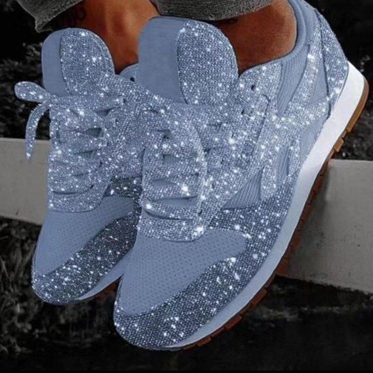 Large women's shoes, casual sneakers, women's sequined platform heels, breathable rhinestone single shoes.