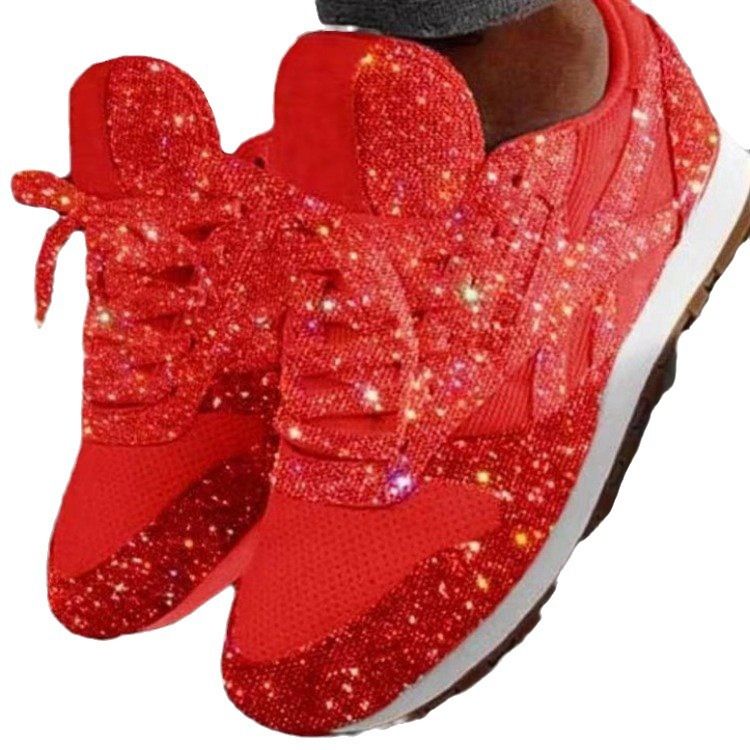 Large women's shoes, casual sneakers, women's sequined platform heels, breathable rhinestone single shoes.