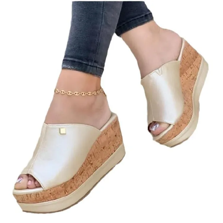 Ladies' slippers, large size women's shoes, wedge heel thick-soled slippers for women.