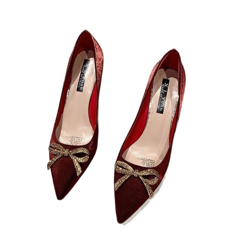 Women's red satin high heels, thin-heeled wedding shoes, rhinestone bowknot pointed-toe bridal single shoes, party shoes.