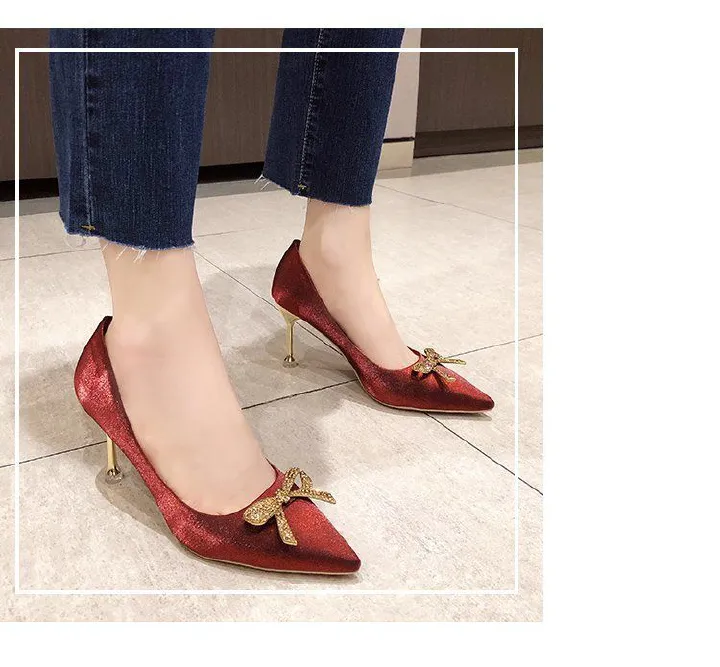 Women's red satin high heels, thin-heeled wedding shoes, rhinestone bowknot pointed-toe bridal single shoes, party shoes.