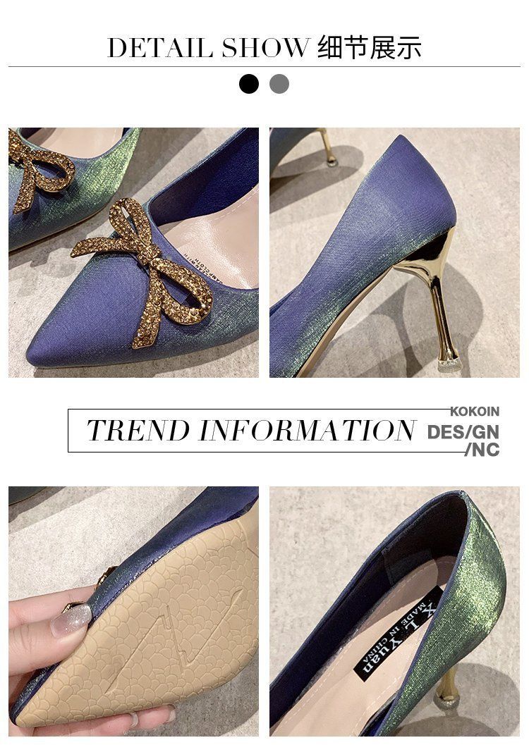 Women's red satin high heels, thin-heeled wedding shoes, rhinestone bowknot pointed-toe bridal single shoes, party shoes.