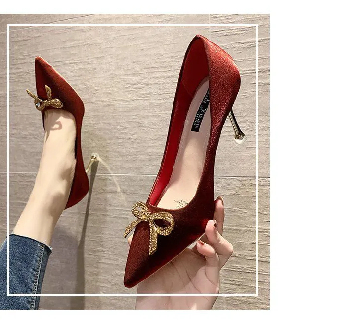 Women's red satin high heels, thin-heeled wedding shoes, rhinestone bowknot pointed-toe bridal single shoes, party shoes.