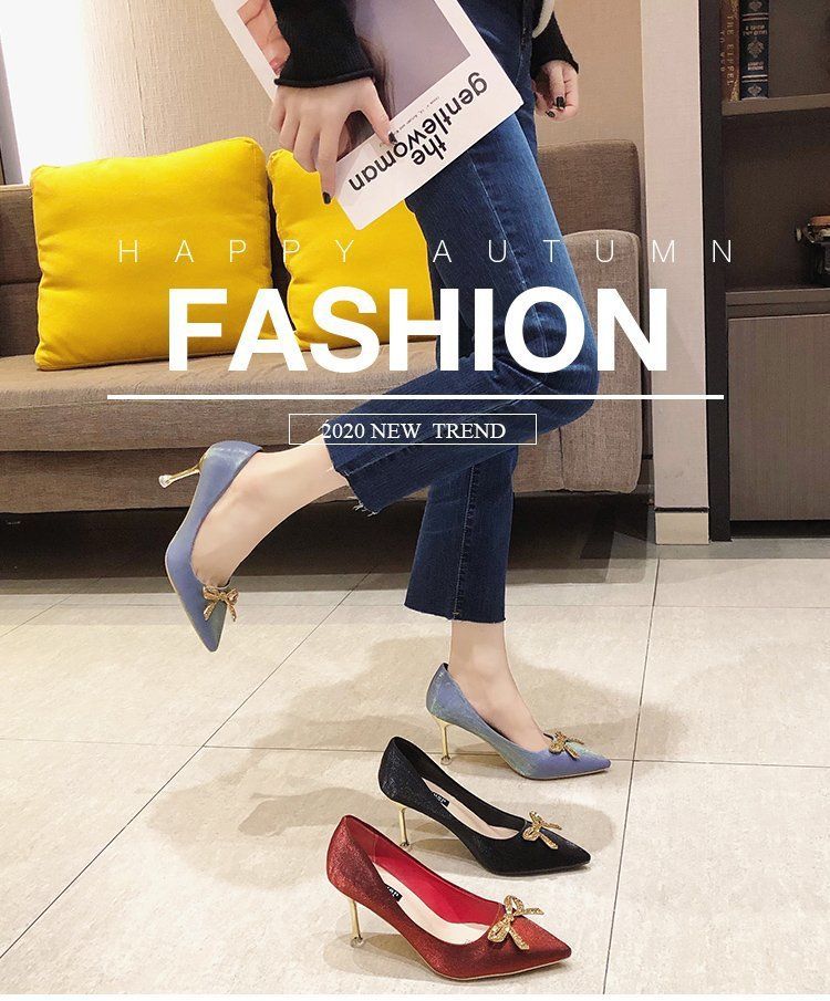 Women's red satin high heels, thin-heeled wedding shoes, rhinestone bowknot pointed-toe bridal single shoes, party shoes.