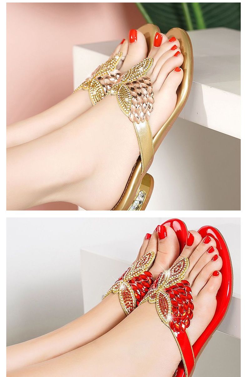 Beach shoes, flip-flops, sandals with toe-clamping design, outdoor Bohemian rhinestone slippers, women's flat anti-slip sandals.