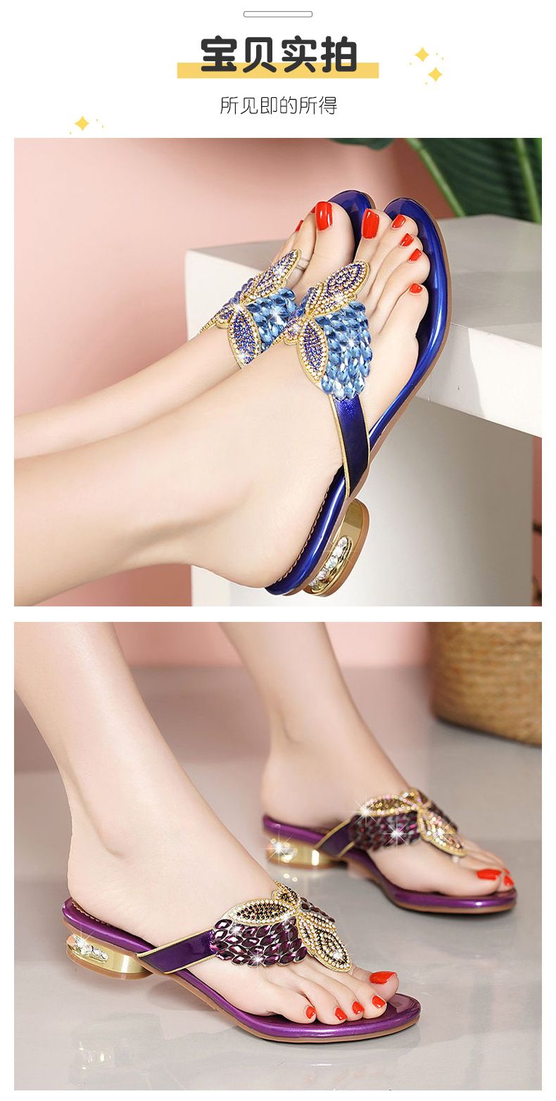 Beach shoes, flip-flops, sandals with toe-clamping design, outdoor Bohemian rhinestone slippers, women's flat anti-slip sandals.