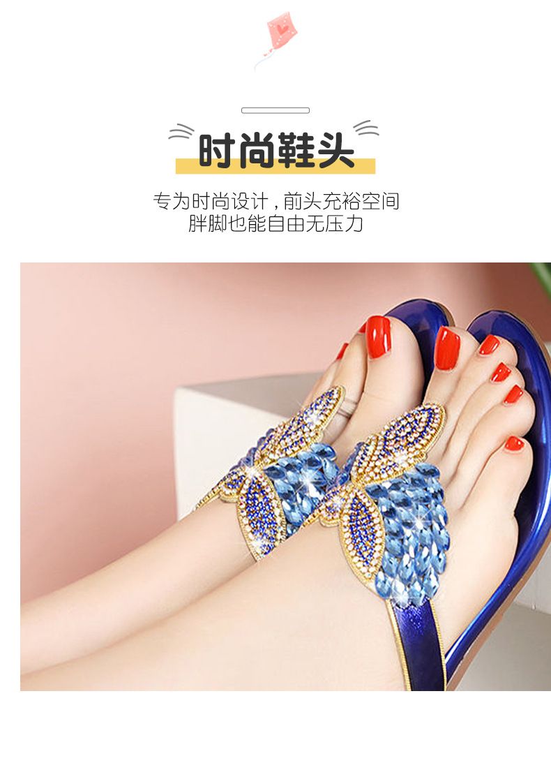 Beach shoes, flip-flops, sandals with toe-clamping design, outdoor Bohemian rhinestone slippers, women's flat anti-slip sandals.