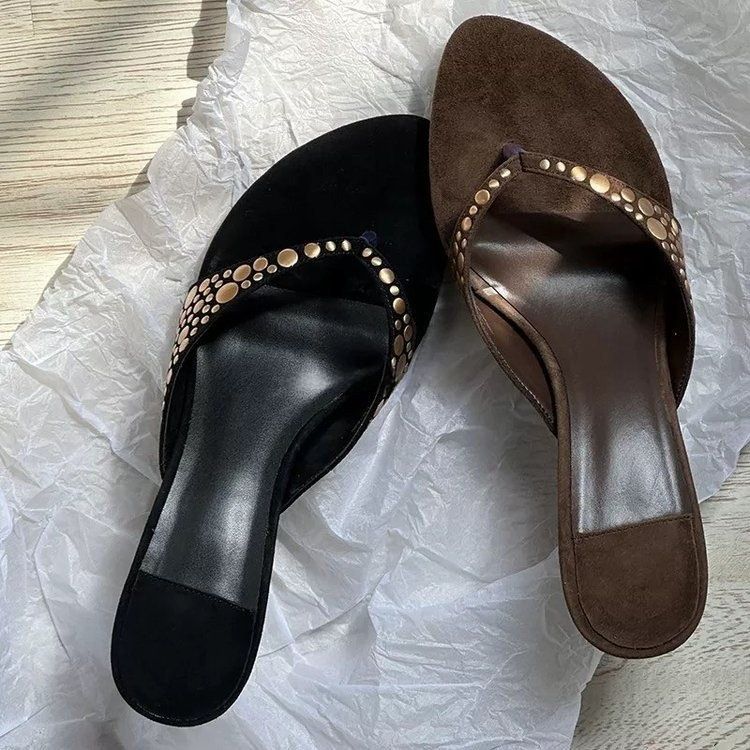 Women's brown suede sandals with rivets and thin heels, featuring a herringbone pattern and a slip-on design. These versatile high-heeled shoes are perfect for women who want to add a touch of Open sh