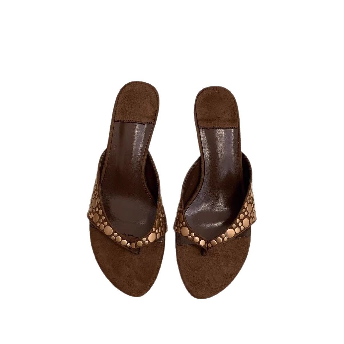Women's brown suede sandals with rivets and thin heels, featuring a herringbone pattern and a slip-on design. These versatile high-heeled shoes are perfect for women who want to add a touch of Open sh
