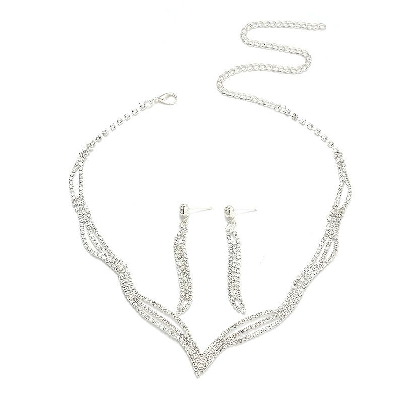 European And American High-End Sparkling Rhinestone Necklace, Earrings, Bracelet, Three-Piece Set, Fashionable Clavicle Chain, Bridal Jewelry Gift, Silver zawadi ya fedha ya kujitia harusi