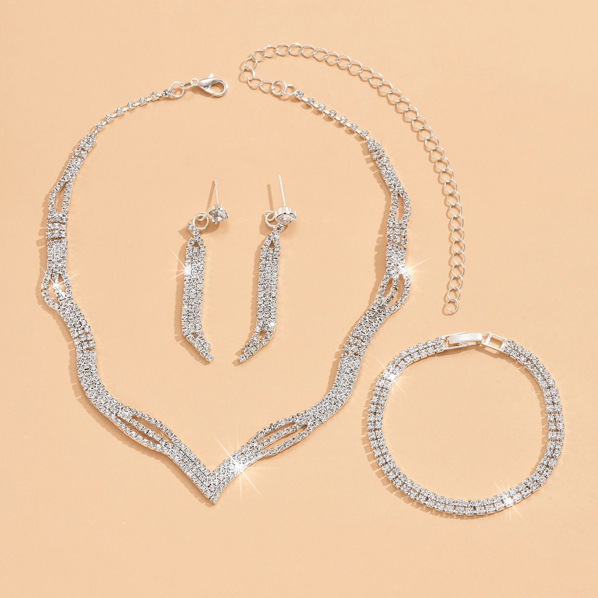 European And American High-End Sparkling Rhinestone Necklace, Earrings, Bracelet, Three-Piece Set, Fashionable Clavicle Chain, Bridal Jewelry Gift, Silver zawadi ya fedha ya kujitia harusi