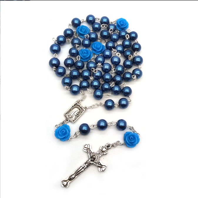 mkufu wa wanawake 1Pc Rose Crystal Rosary Necklace Catholic Vintage Cross Pendant Long Necklace Religious Jewelry+Free gift box