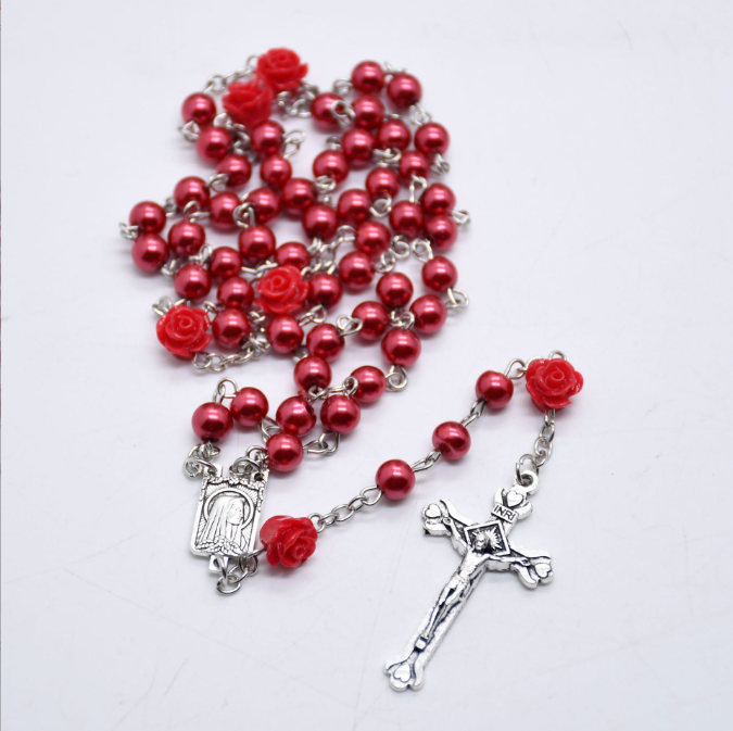 mkufu wa wanawake 1Pc Rose Crystal Rosary Necklace Catholic Vintage Cross Pendant Long Necklace Religious Jewelry+Free gift box