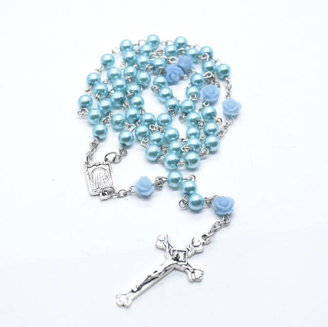 mkufu wa wanawake 1Pc Rose Crystal Rosary Necklace Catholic Vintage Cross Pendant Long Necklace Religious Jewelry+Free gift box