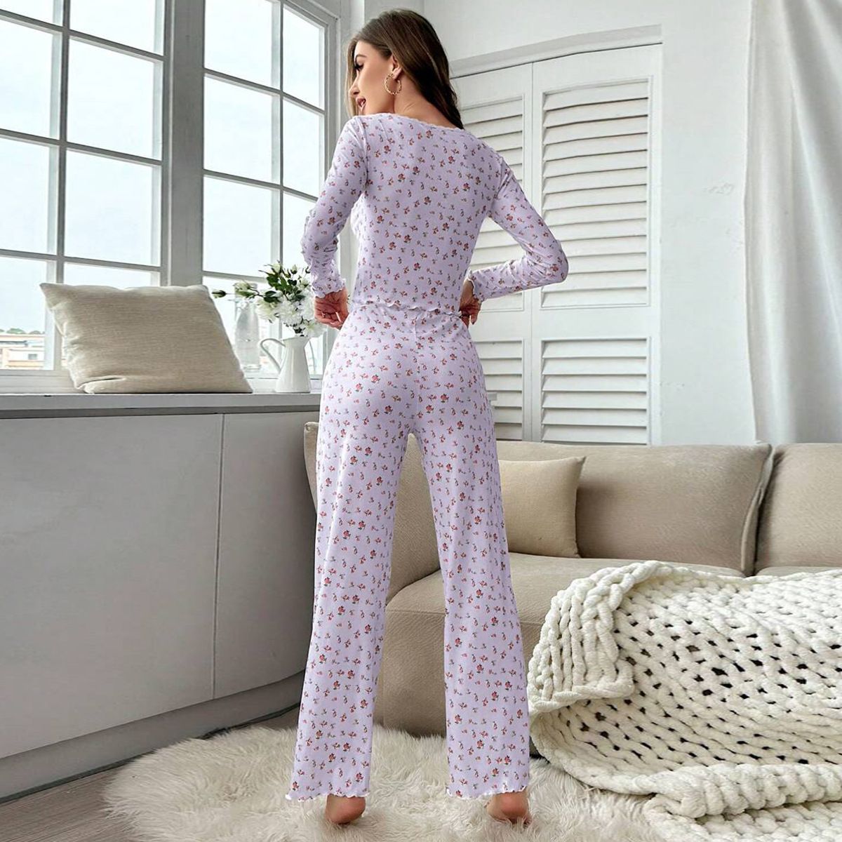 European And American Style Home Wear Sexy Casual Fashion Long-Sleeved Trousers Pajamas Two-Piece Suit For Women