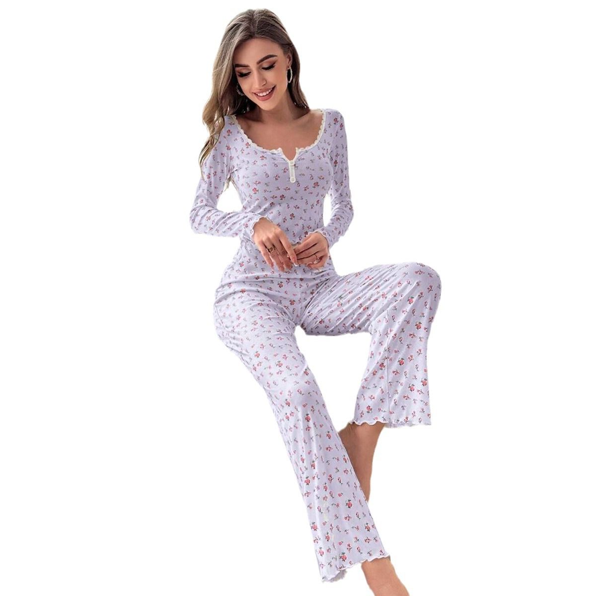 European And American Style Home Wear Sexy Casual Fashion Long-Sleeved Trousers Pajamas Two-Piece Suit For Women