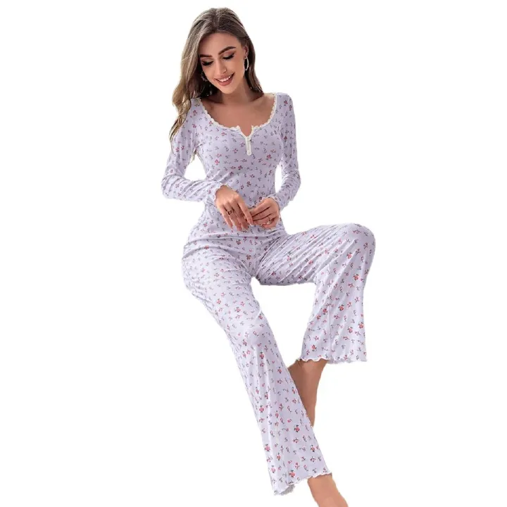 European And American Style Home Wear Sexy Casual Fashion Long-Sleeved Trousers Pajamas Two-Piece Suit For Women