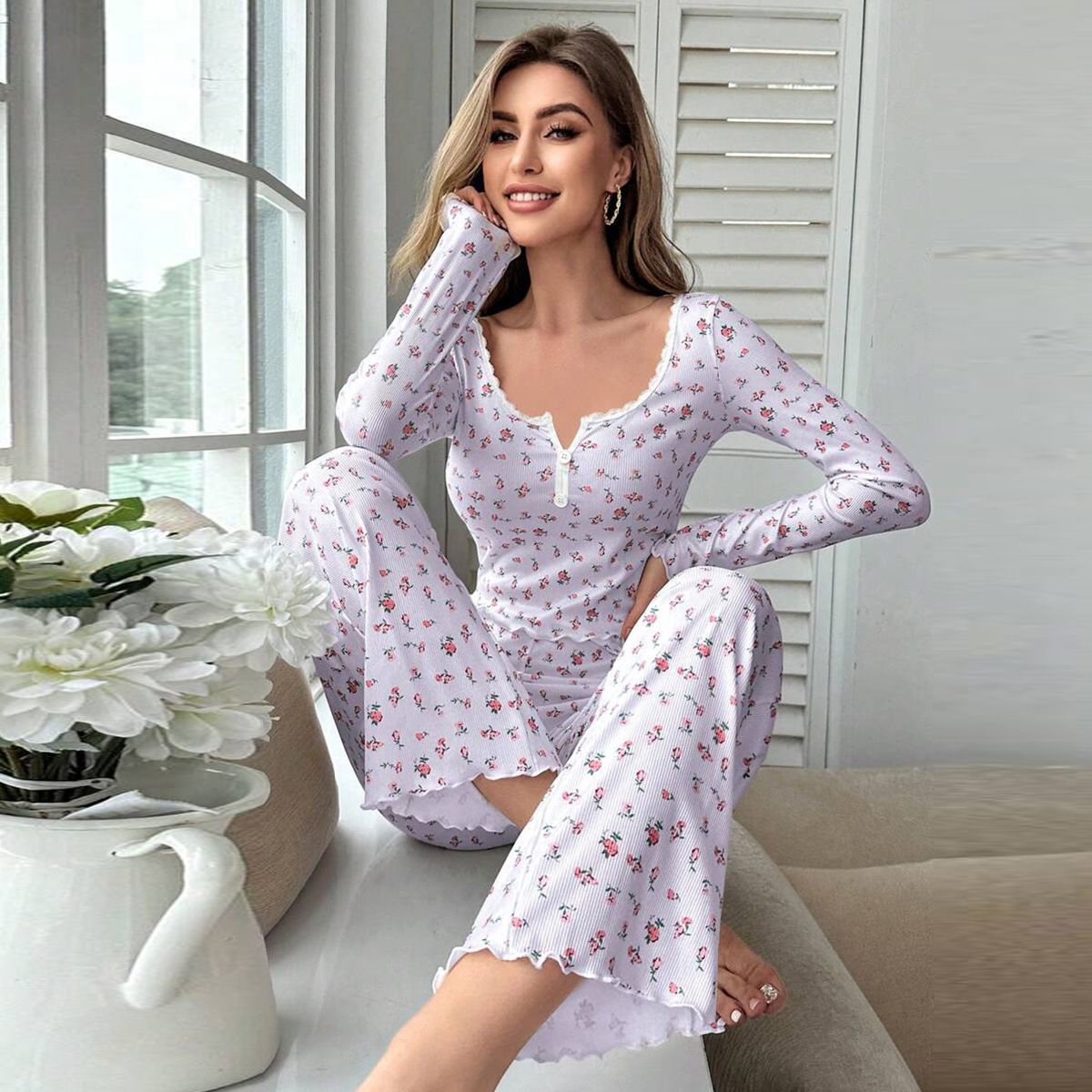 European And American Style Home Wear Sexy Casual Fashion Long-Sleeved Trousers Pajamas Two-Piece Suit For Women