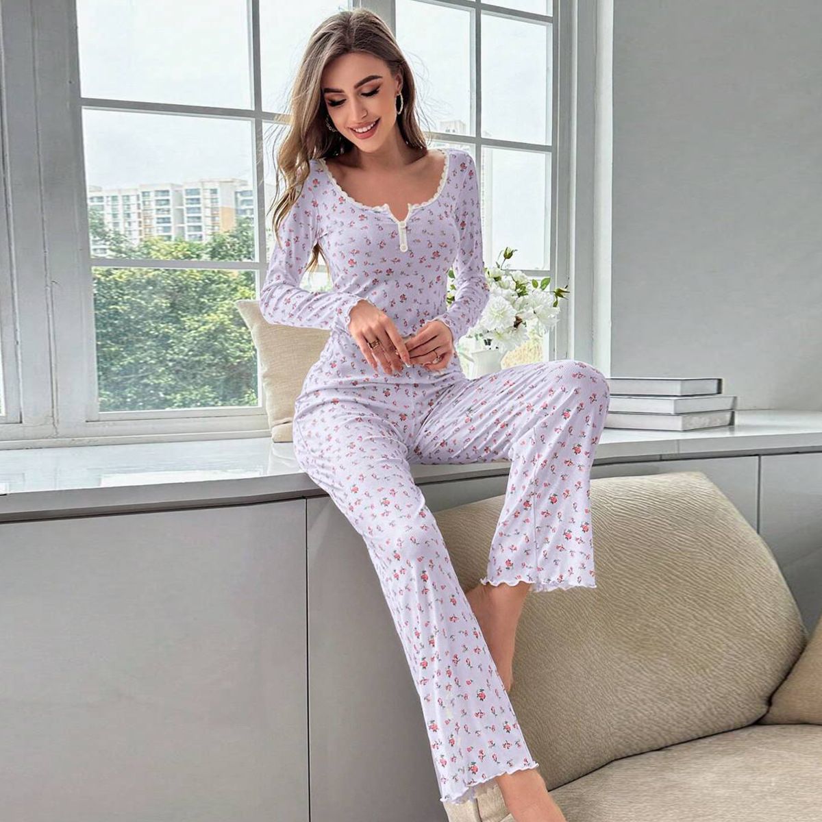 European And American Style Home Wear Sexy Casual Fashion Long-Sleeved Trousers Pajamas Two-Piece Suit For Women