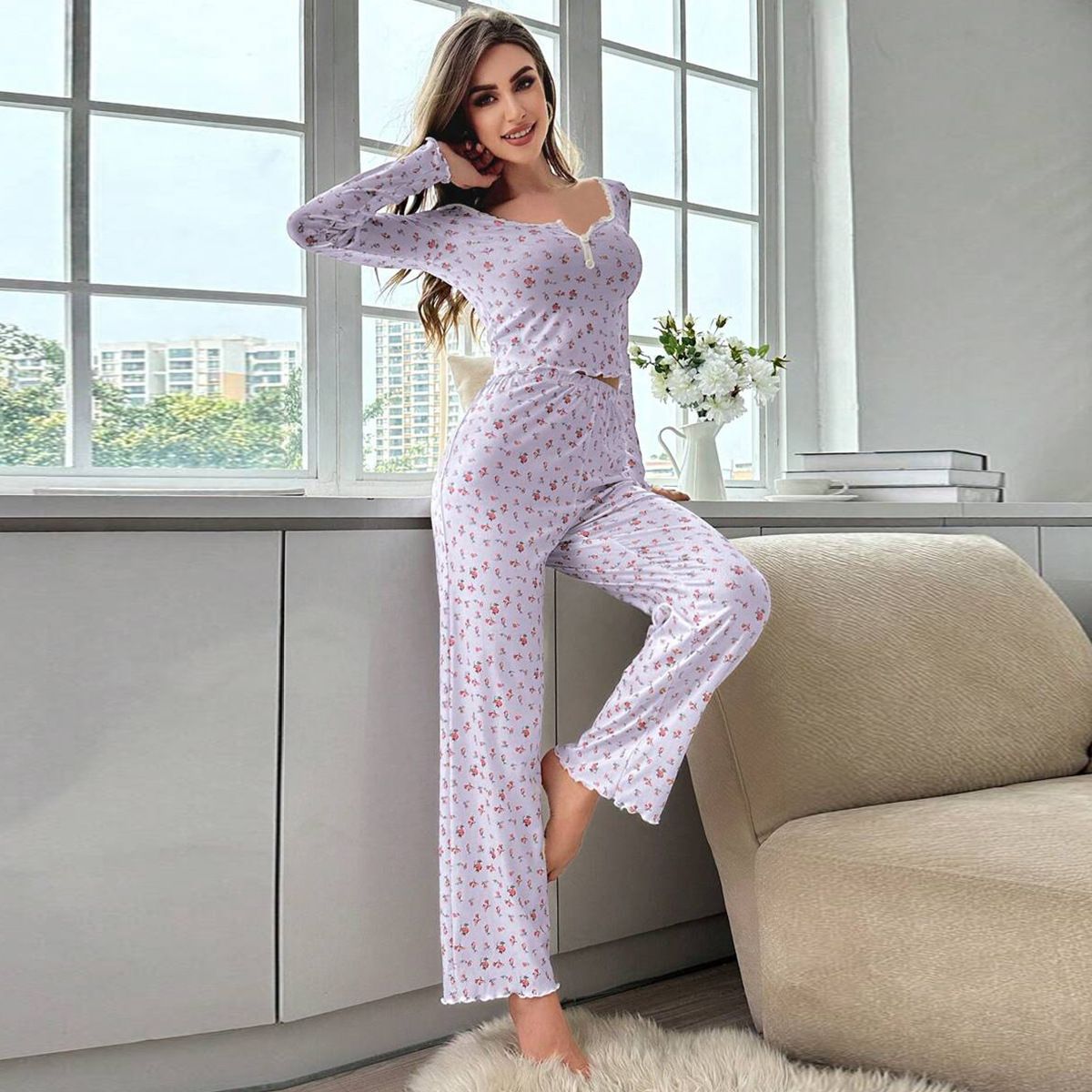 European And American Style Home Wear Sexy Casual Fashion Long-Sleeved Trousers Pajamas Two-Piece Suit For Women