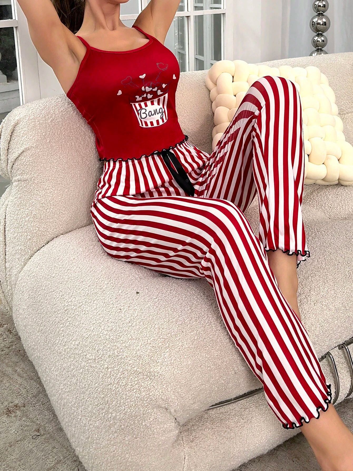 Home Wear Printed Suspenders Twisted Hem Trousers Two-Piece Suit Comfortable Home Casual Sexy Women'S Pajamas