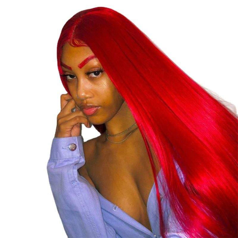 Health & Beauty > Hair > Wigs 70CM Red Wig Headband for Women with Middle Part Bangs Waist Long Straight Chemical Fiber Wig European and American Shishi Headband