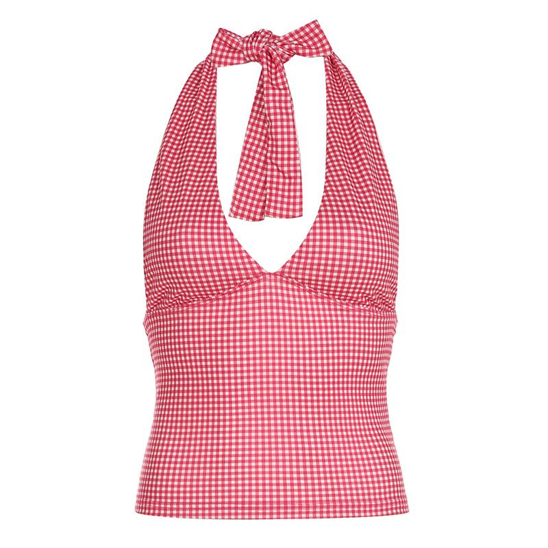 Clothes > Women's Clothing > Tops > Tanks & Camis (Tank Tops)  New love V-neck lace-up halter vest female sexy backless inner slim sleeveless slim short top